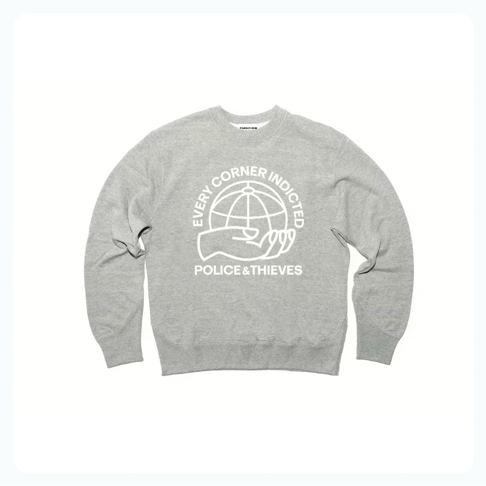 Police & Thieves POT Gray Fleece Lined Crewneck Streetwear Sweatshirt for Men